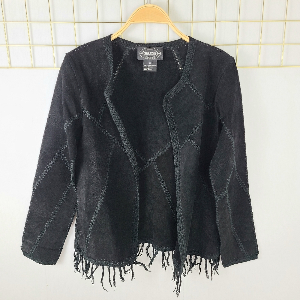 Vintage Genuine Suede Fringe Crochet Patchwork Western Cowgirl Open Front Jacket